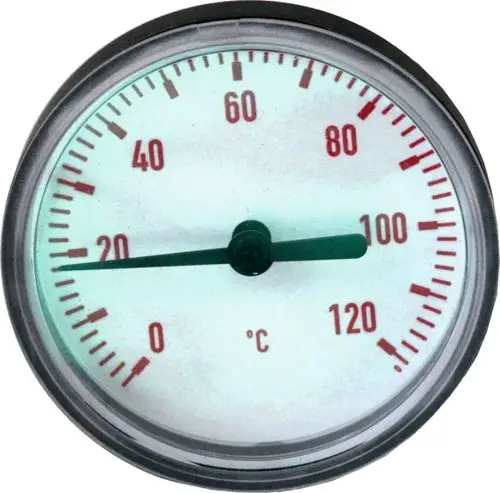 Thermometer mit Messbereich von 0 bis 120 °C. Zeiger zeigt auf etwa 100 °C. Gehäuse und Messskala in einem klaren Design gehalten. Marke: Wolf.